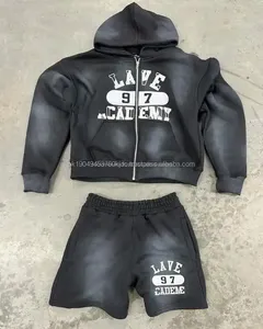 Pantalones cortos con capucha de peso pesado con logotipo personalizado de felpa francesa de 500GSM, pantalones cortos con capucha descoloridos, pantalones cortos Unisex, chándal bordado, conjunto unisex - Product Image 1