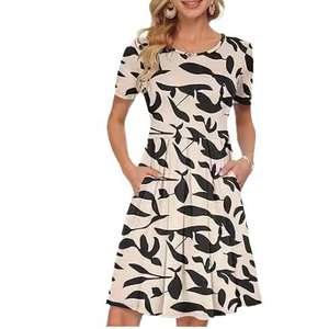 Robe midi décontractée vintage pour femme, printemps-été, à manches courtes, imprimé numérique, taille naturelle, silhouette trapèze, poches décontractées - Product Image 4