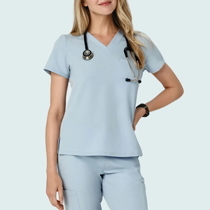 Women's Light Blue Medical <b>Scrub</b> <b>Set</b> V Neck Nursing Uniform Breathable Stretch Hospital Clinic Healthcare Workwear OEM ODM - Product Image 1