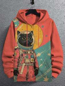 Sudadera con Capucha para Hombre, 100% Algodón, Estampado Digital de Gato Astronauta, Corte Regular, Ropa Casual de Invierno - Product Image 5