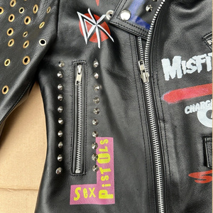 <b>Punk</b> Style Black Leather Motorcycle <b>Jacket</b> With Patches Rivets And Skull Print For Unisex Autumn Wear - Product Image 5