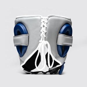 Nouveau design, protège-tête MMA et kickboxing en cuir véritable bleu-gris, ouvert, réglable, respirant, écologique, avec logo personnalisé - Product Image 3