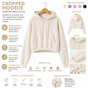 HMR Sorority Sisterhood Sweat-shirt à capuche court en maille unie, coupe oversize à épaules tombantes, couleur crème, pour le printemps et les tenues décontractées - Product Image 6
