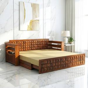 Solid Sheesham Wood Traditional Convertible <b>Sofa</b> <b>Bed</b> with Foldable Design Fabric Upholstery and Foam Filling Carved Panel - Product Image 1