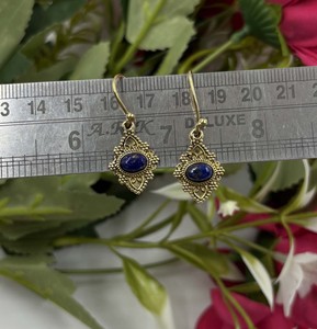 Natural Lapis Lazuli <b>Gold</b> Plated Vintage <b>Earrings</b> Handmade Brass Gemstone <b>Dangle</b> Drop <b>Earrings</b> Designer Jewelry for Women - Product Image 4