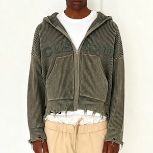 Sweat à capuche zippé en maille côtelée verticale épaisse pour homme, avec logo lettre OEM, ourlet brut effiloché et effet usé, idéal pour le streetwear - Product Image 1