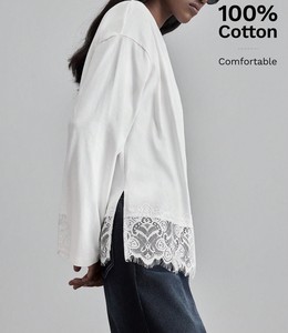 Chemisier femme en coton 100% de qualité supérieure à manches longues, avec ourlet en dentelle, coupe ample, fente latérale, broderie ton sur ton personnalisée - Product Image 4