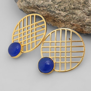 <b>Unique</b> Geometric 18k Gold Plated Grid Earrings with Lapis Lazuli Gemstone – Minimalist Statement Stud Earrings - <b>Gift</b> <b>for</b> <b>her</b> - Product Image 5