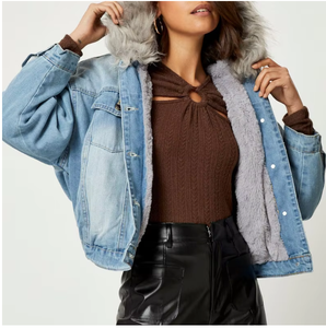 Unisex Jeans Jacket Cotton Lined Hood Standard Winter Casual Eco-Friendly Quick Dry Breathable Regular Fit <b>Covered</b> <b>Button</b> - Product Image 4