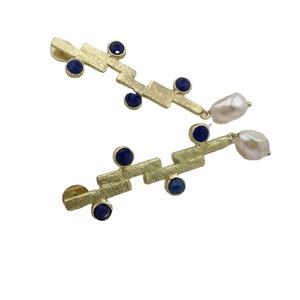 Designer Gold-Plated <b>Long</b> <b>Earrings</b> Stylish Pearl and Lapis Bezel Setting Statement Brass Jewelry Trendy <b>Long</b> Studs - Product Image 1