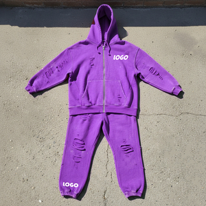 Conjunto de Sudadera con Capucha y Cremallera Estilo Vintage con Logotipo Personalizado y Pantalones Deportivos Holgados, 100% Algodón, Estilo Desgastado, para Hombre - Product Image 2