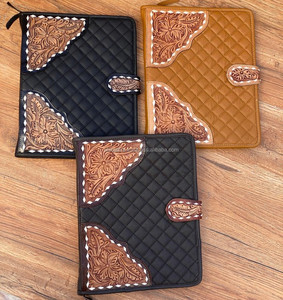 New Design Hand Tooled Quilted Leather Business Portable A4 Size Portfolio Folder Custom Cowhide Leather Zippered <b>3</b> <b>Ring</b> <b>Binders</b> - Product Image 3