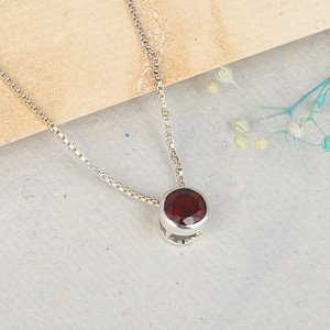 925 Sterling Silver Round Bezel Set Natural Garnet Birthstone Solitaire <b>Pendant</b> Necklace for Women January Birthstone Jewelry - Product Image 5