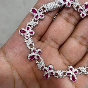 Moissanite Flower Rhodium Plated <b>Bracelet</b> Iced Out Link <b>Bangle</b> 925 Sterling <b>Silver</b> Pink Stone Jewelry Unisex Party Gift - Product Image 2