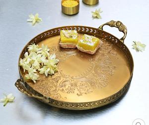 Brass Round <b>Tray</b> With Embossed Floral Design And Handles For Decorative Use - Product Image 4