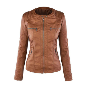 2026 Wholesale Premium Women's Brown PU <b>Leather</b> Hooded Moto <b>Jacket</b> Full Sleeve Zipper Closure Windproof Autumn Wear - Product Image 5