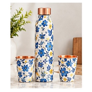 Ayurvedic Copper <b>Water</b> <b>Bottle</b> Set with Floral Design Portable Travel <b>Thermos</b> and Cups Navy Blue - Product Image 2
