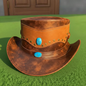 Chapeau haut-de-forme en cuir marron fait main de qualité supérieure, personnalisé, avec pierres turquoise, style steampunk, western, gothique, festival - Product Image 1