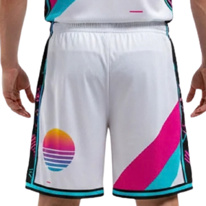 Ensemble d'uniformes de basketball personnalisés pour hommes, blanc, rose et turquoise, maillot sans manches à col en V, short, imprimé diagonal, numéros d'équipe, vêtements en gros - Product Image 5
