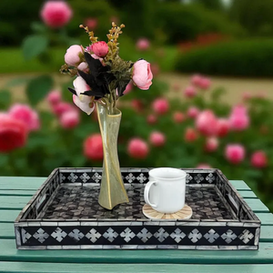 Rectangular Mother of Pearl Inlay Serving Tray with Black & <b>Silver</b> Tumbling Floral Pattern, Tea Tray, Ideal Gifts - Product Image 2