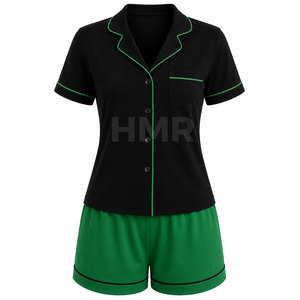 HMR Sisterhood Sorority ชุดนอนแขนสั้นสีดำสีเขียวพร้อมกระเป๋าด้านหน้าแบบมีกระดุมชุดนอนลำลอง 2 ชิ้น PJ - Product Image 1