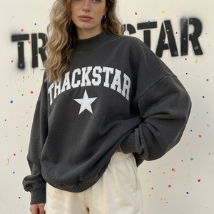 Women's Oversized Graphic Sweatshirt TRACKSTAR Embroidered Star Print <b>Stand</b> Relaxed Fit <b>Drop</b> Shoulder Long Sleeve Breathable - Product Image 2