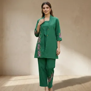 Women's <b>Green</b> Embroidered Cotton 3-Piece Set Three Quarter Sleeve Floral Pattern Jacket <b>Cami</b> Trouser Set All Seasons Wear - Product Image 6