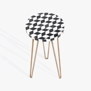 Support de plante rond en bois avec incrustation de nacre et pieds en métal pour une décoration intérieure contemporaine, fait main, décoratif, en bois. - Product Image 1