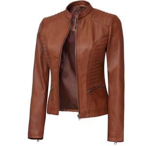 Chaqueta de Cuero Genuino para Mujer, Marrón, Acolchada, Estilo Motero, Corte Ajustado, Informal, Abrigo Exterior, Top Ventas, Moda, Estilo Café Racer - Product Image 3