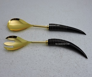 Salad Server Set with Horn Handle & Stainless Steel Gold Plated Eco-Friendly Dishwasher <b>Safe</b> Salad <b>Tools</b> for Home Restaurant Use - Product Image 1
