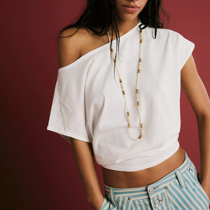 Women's Off Shoulder <b>White</b> T-Shirt Short Sleeve Loose Fit Asymmetric Design Cotton Jersey Casual Inside-Out Raw Edge Women <b>Tees</b> - Product Image 4