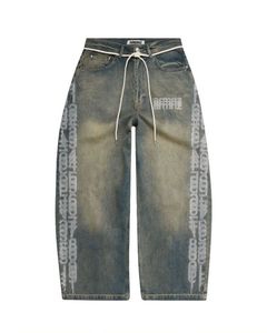 Pantalon en jean personnalisé avec impression intégrale, broderie et design en denim, délavage foncé, style urbain, coupe sur mesure faite main, coton respirant - Product Image 2