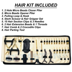 Kit d'outils pour extensions capillaires dorées avec pince à micro-perles à 2 trous et pince d'ouverture, crochet de tirage et pinces à cheveux - Product Image 2