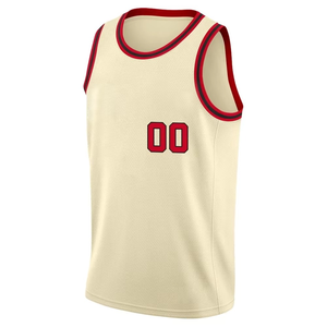 Camiseta de Baloncesto Personalizable, Color Crema con Ribete Rojo, Número 00, Impresión Sublimada, Unisex, Malla Transpirable para Adultos - Product Image 1