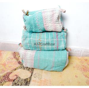 Block Print Kantha Floral Tassel Zipper Closure Eco-Friendly Durable Vintage Fashion Boho Lightweight Soft Handle Cosmetic Bag - Product Image 1