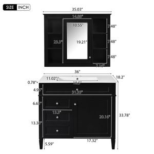 Mobile Bagno Moderno da 36 Pollici con Armadietto Portamedicinali, 2 Ante con Chiusura Ammortizzata, 4 Cassetti, Lavabo Singolo - Product Image 6