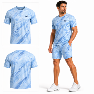 Conjunto de dos piezas de alta calidad para hombre, camiseta y pantalones cortos, ligero, transpirable, conjunto de verano, ropa deportiva informal, para gimnasio, fitness, entrenamiento. - Product Image 1