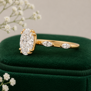 Bague de fiançailles de luxe en diamant solitaire ovale cultivé en laboratoire, avec pierres latérales marquise en argent, bague de promesse nuptiale, joaillerie fine - Product Image 2