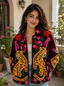 Veste Suzani en velours marron avec motif tigre et broderie florale complexe, attrayante pour les femmes, artisanale traditionnelle indienne, manteau d'hiver. - Product Image 1
