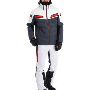 Unisex <b>Ski</b> <b>Jacket</b> and Pants Set <b>White</b> Gray Red Color Blocked Waterproof Hooded Synthetic Insulated Heated Snow Wear - Product Image 1