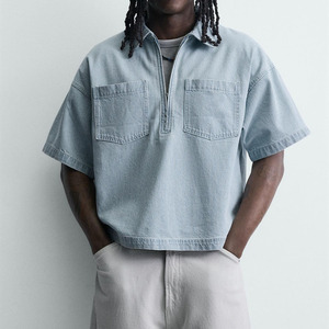 Camisa Polo Oxford de Manga Corta a Rayas para Hombre con Bolsillos en el Pecho, Camisa Polo Informal de Algodón Transpirable con Media Cremallera en Azul Claro - Product Image 1