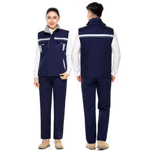 Gilet de travail réfléchissant bleu marine pour homme avec col et poches rouges, impression de logo personnalisée, matière polyester - Product Image 2