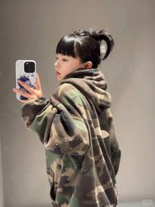 Sudadera con capucha y cremallera de camuflaje con estampado completo personalizado, estilo streetwear vintage, corte holgado, peso pesado, oversize, chaqueta con cremallera vintage oversize - Product Image 3