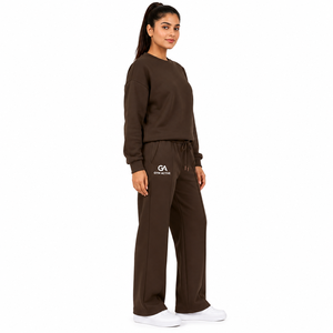 Women <b>Brown</b> Eco-Friendly Printed Polyester/Cotton Tracksuit <b>Set</b> Oversized Sweatshirt Wide Leg Jogger Pants Front <b>Gym</b> Active - Product Image 2