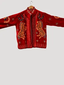 Vintage Red <b>Velvet</b> Embroidered Suzani <b>Jacket</b> With Horse Pattern Full Sleeve Stand Collar Handmade Bohemian Tribal Coat - Product Image 3