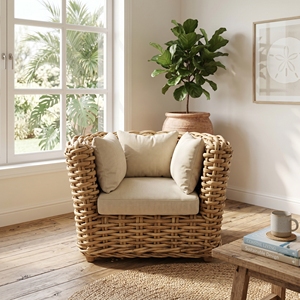 Sillón Surabaya con Estructura de Madera de Caoba, Media Silla de Ratán Pulido, Cojines Color Crema Dhapnie, Muebles de Exterior Premium para Patio - Product Image 2