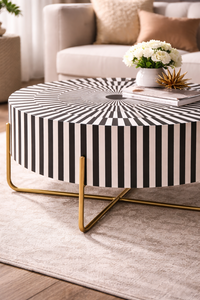 WOODEN ARTISTIC Black <b>White</b> Bone Inlay Coffee <b>Table</b> <b>Round</b> Center <b>Table</b> Modern Floral Pattern Living Room Furniture Rajasthan - Product Image 4
