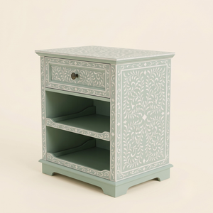 Mesa de Noche Artesanal con Incrustaciones de Hueso Verde Salvia, 1 Cajón y 2 Niveles de Estantes Abiertos, Mesa Auxiliar Floral para Dormitorio - Product Image 4