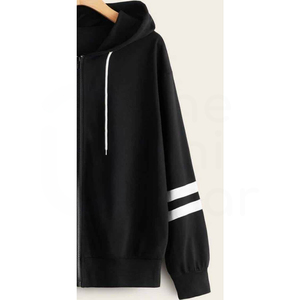 Sweat-shirt à capuche unisexe noir avec manches rayées blanches, coupe ample décontractée, en coton tricoté, pour l'automne - Product Image 3