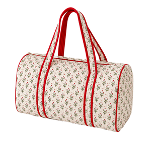 Luxury Floral Pattern <b>Duffel</b> <b>Bag</b> with Red Handles Large Capacity Travel Weekender Polyester Textile Material Zipper Closure - Product Image 1